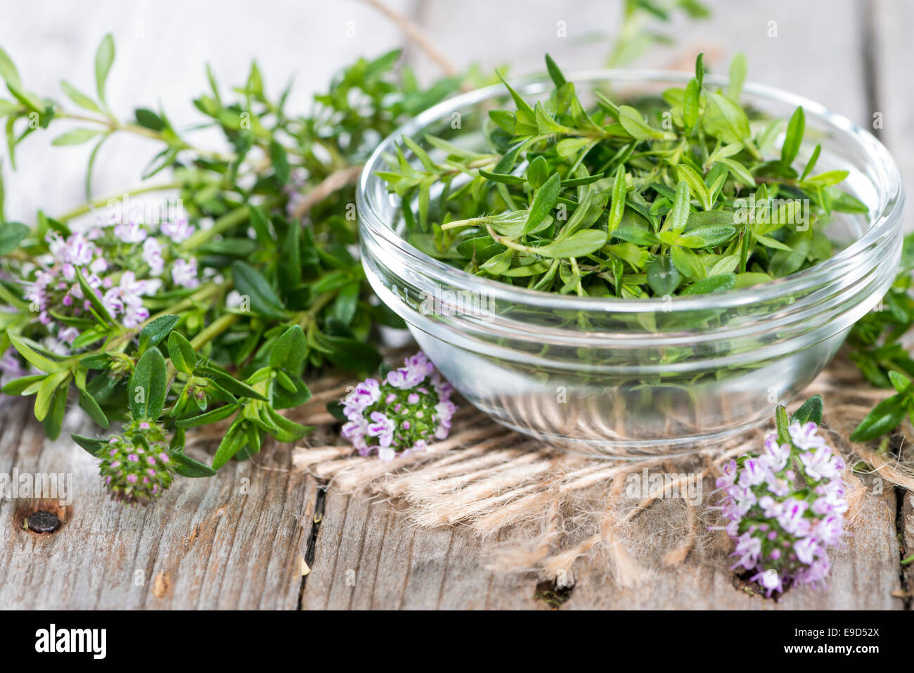 Small heap of Winter Savory (detailed close-up shot) Stock Photo
