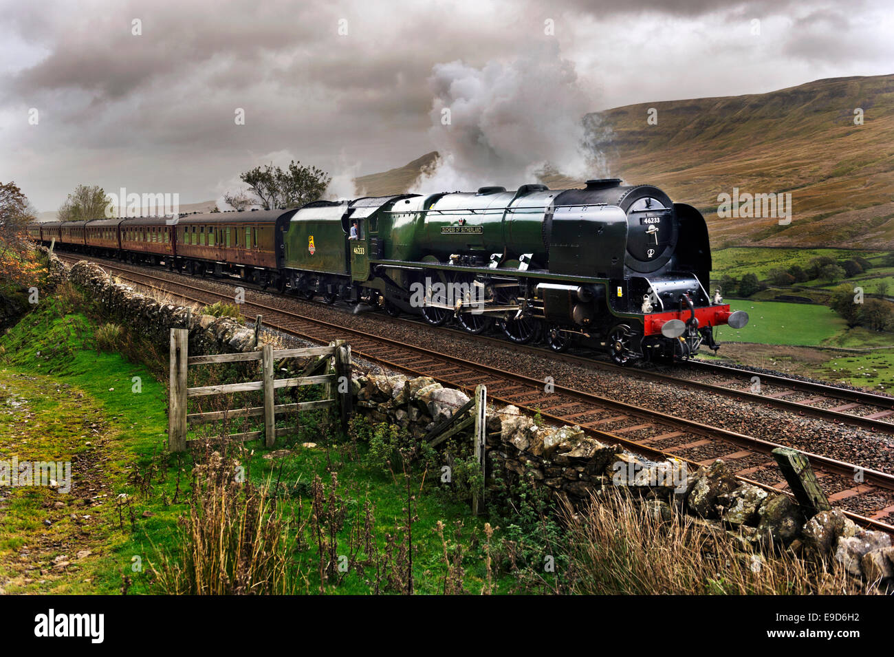 Kirkby Stephen, Cumbria, UK. 25th Oct, 2014.  The Duchess of Sutherland steam locomotive hauling the Appleby Explorer excursion on the Settle-Carlisle railway line near Kirkby Stephen, Cumbria, UK. Stock Photo