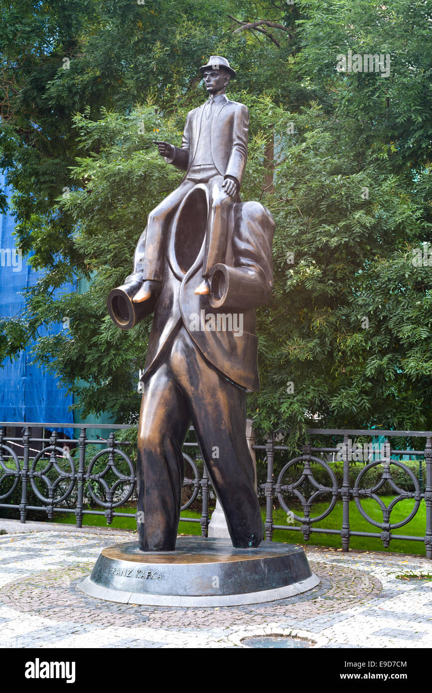 PRAGUE, CZECH REPUBLIC - SEPTEMBER 9, 2012: Monument to famous writer Franz Kafka in Jewish Quarter of Prague, the work of Czech Stock Photo
