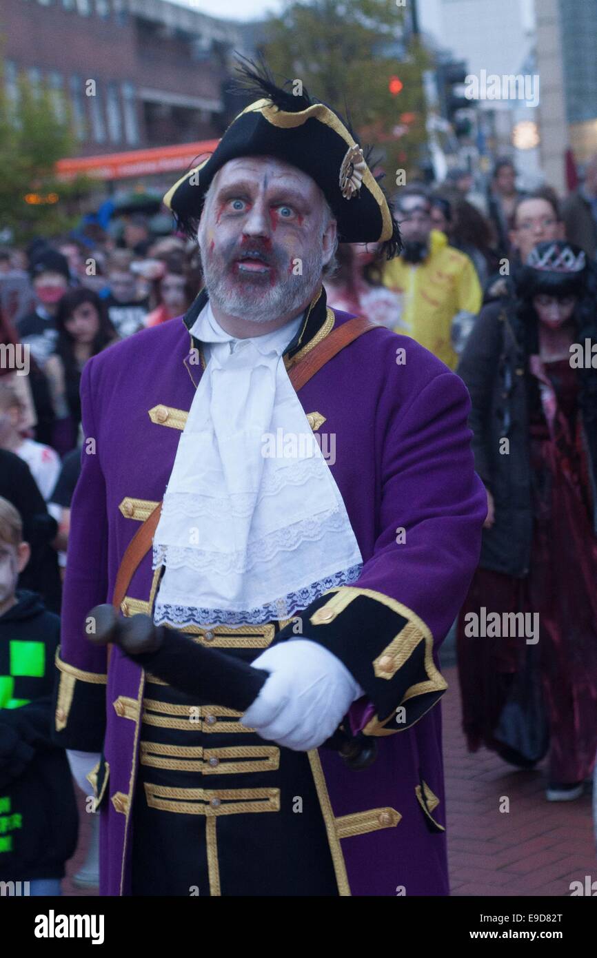 Chris Brown, the  Town Crier of the Royal Borough of Windsor and Maidenhead, taking part in the 2nd Maidenhead Zombie Walk. Stock Photo