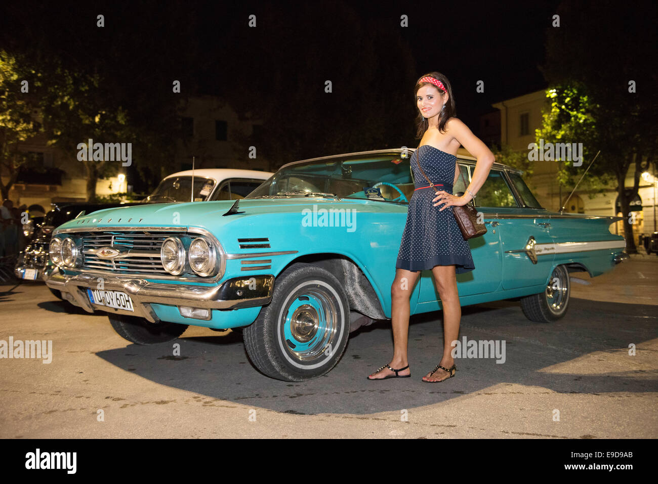 Women, Dress, Oldtimer, Classic Car Vintage Car, Summer Jamboree 2014, Summerjamboree, Senigalia, Ancona, Italy, Europe Stock Photo