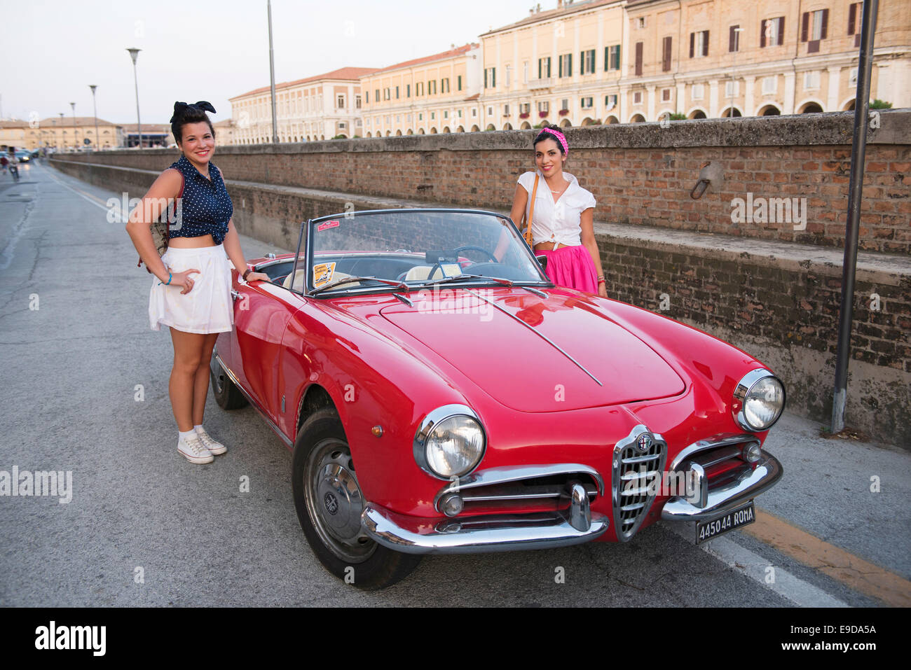 Alfa Romeo, Spider, Red, Cabrio, 2, Two, Girls, Woman, Petty Coat, Fiume Misa, traffic, Summer Jamboree 2014, City, historic, Stock Photo