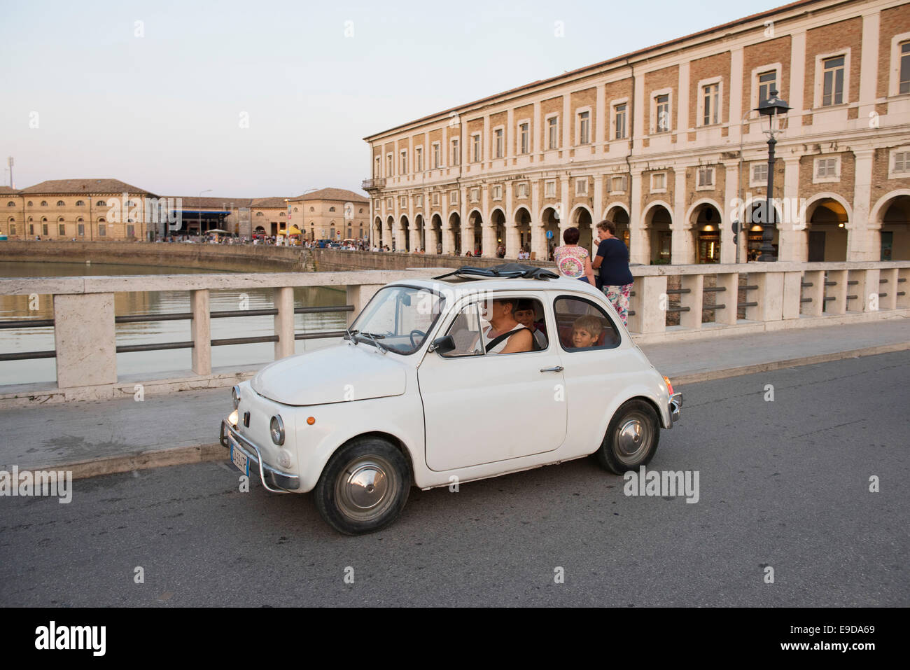 Fiat, 500, Oldtimer, Bridge, River, Street, Fiume Misa, traffic, Summer Jamboree 2014, City, historic, overview, view, Stock Photo