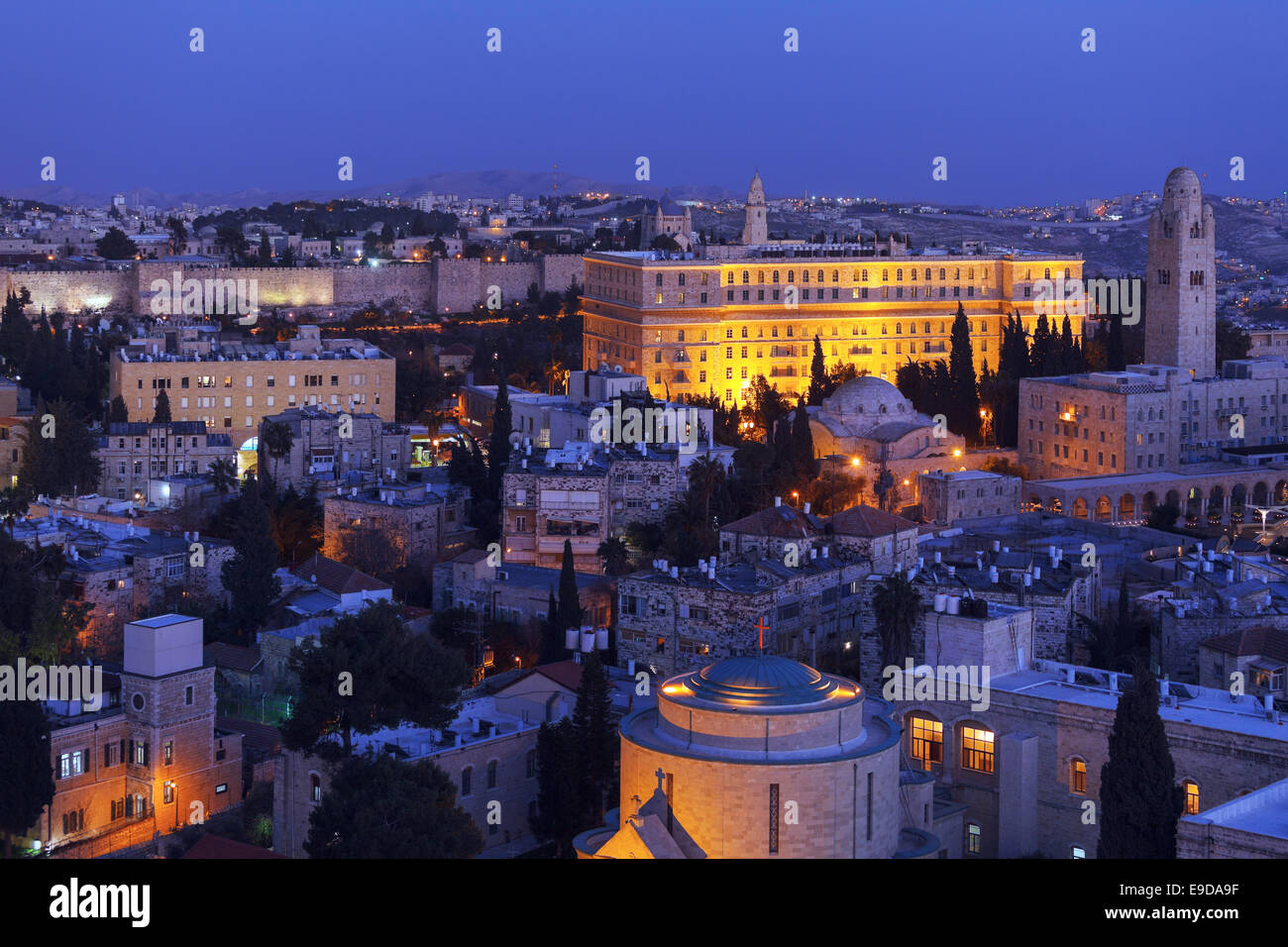 Jerusalem Old City and Mount of Olives at Night, Israel Stock Photo