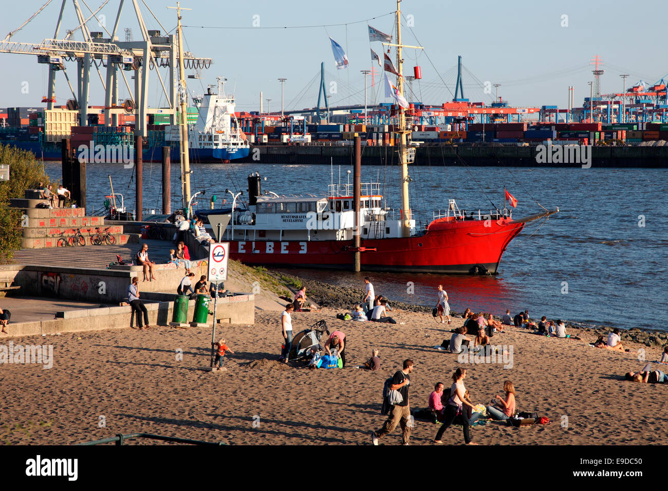 Hamburg Port Beach on the River Elbe. Stock Photo