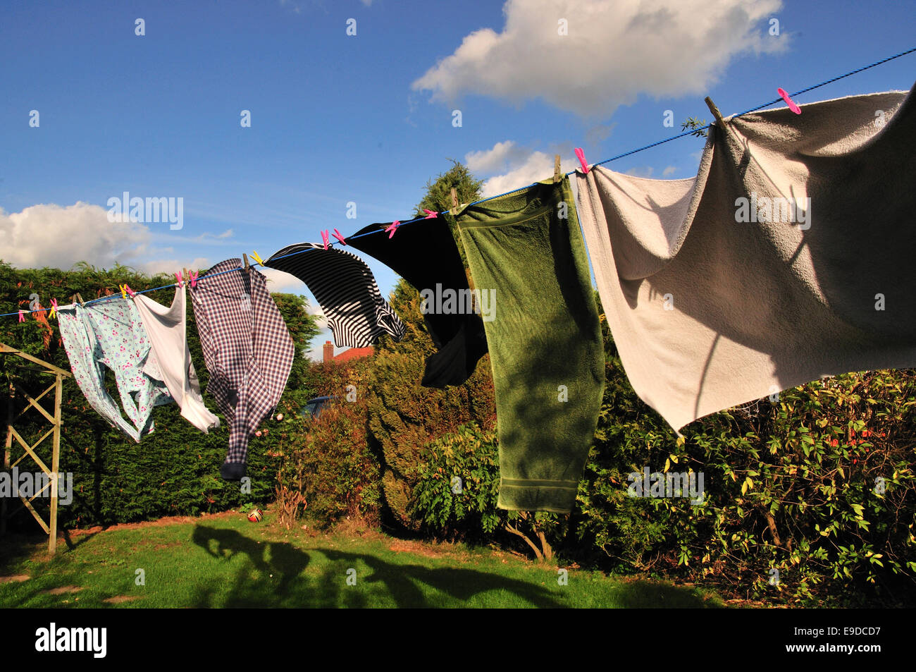 Line of washing blowing in the Wind Stock Photo