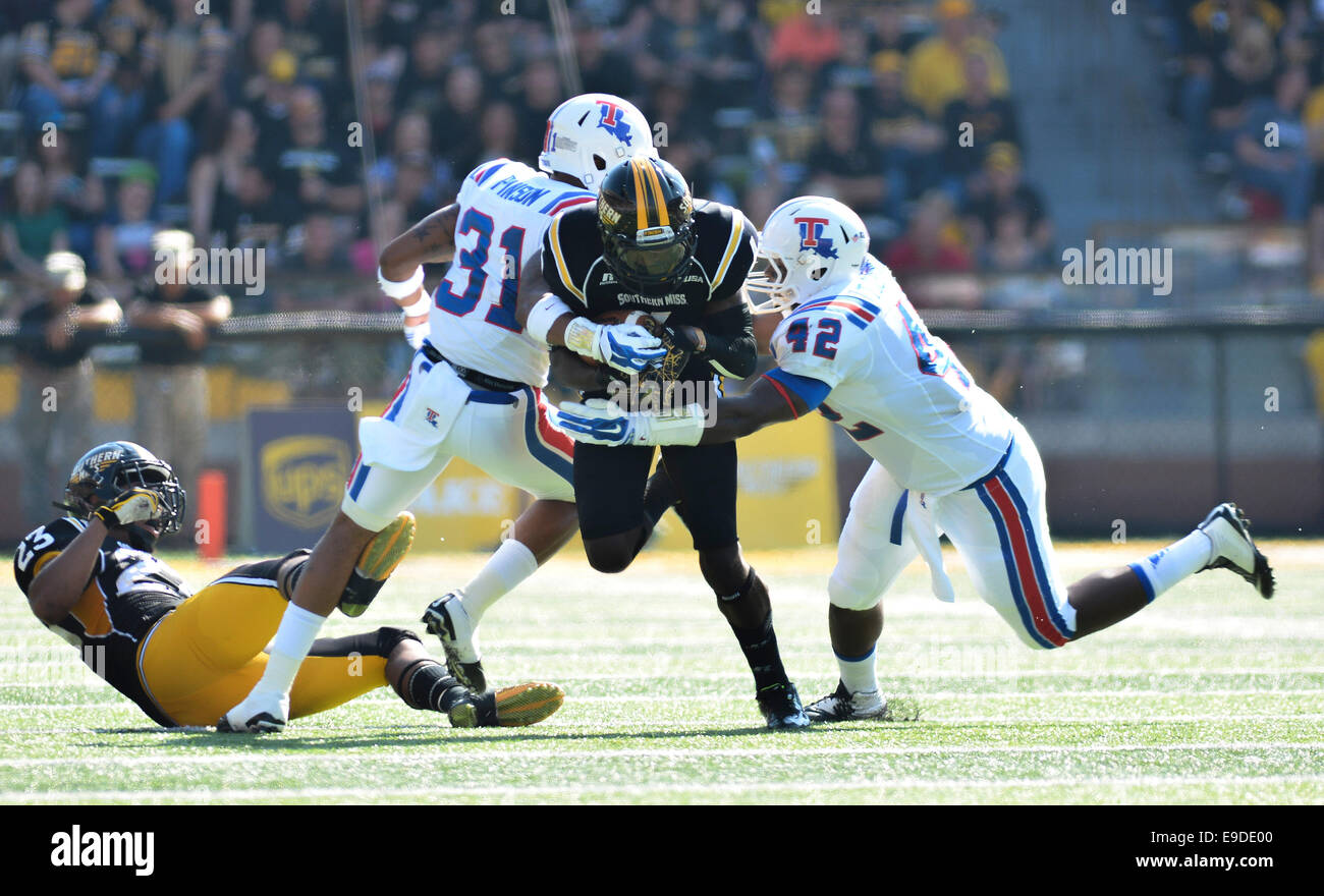 October 25, 2014:Southern Miss Golden Eagles wide receiver Marquise Ricard (6) is tackled by Louisiana Tech Bulldogs linebacker Tony Johnson (42) during the NCAA Football game between the Southern Miss Golden Eagles and the Louisiana Tech Bulldogs at M.M. Roberts Stadium in Hattiesburg MS. Matt Bush/CSM Stock Photo