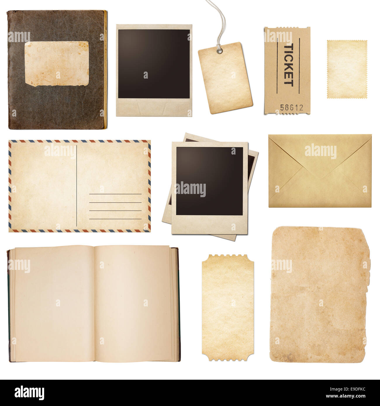 Old mail, paper, book, polaroid frames, stamp isolated Stock Photo