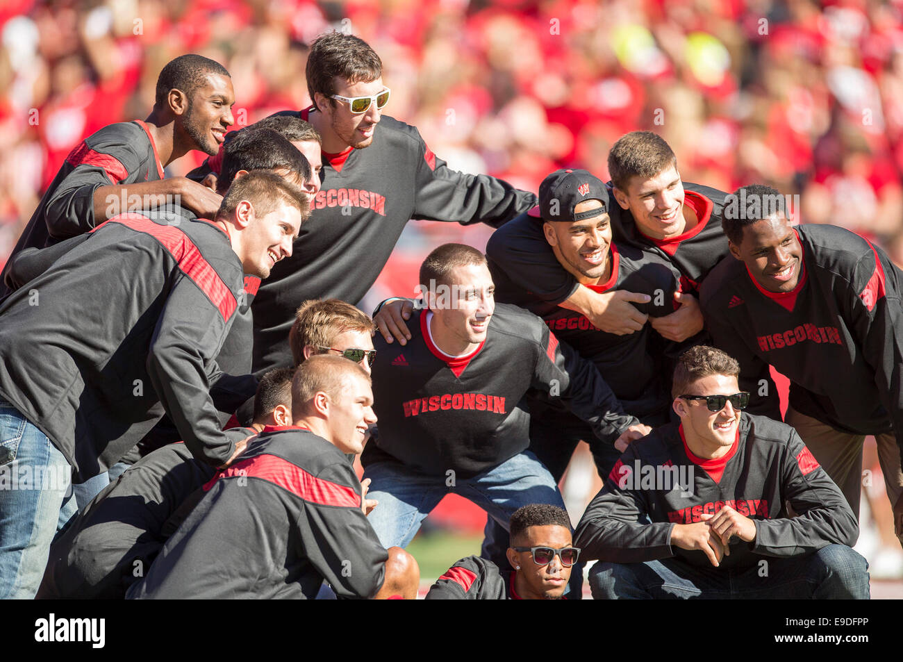 October 25, 2014: The Wisconsin Mens Basketball team is honored during the NCAA Football game between the Maryland Terrapins and the Wisconsin Badgers at Camp Randall Stadium in Madison, WI. Wisconsin defeated Maryland 52-7. John Fisher/CSM Stock Photo
