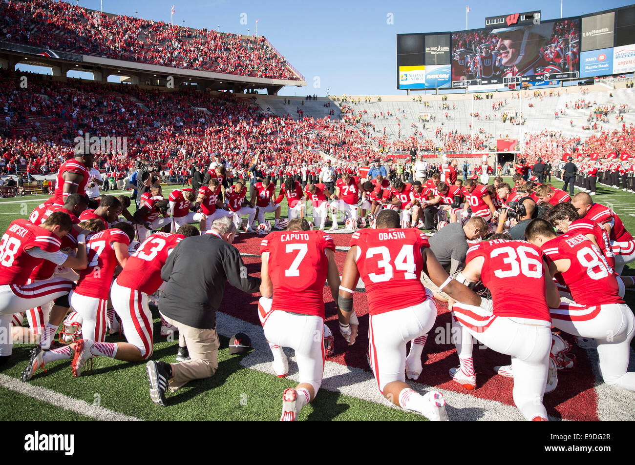 October 25, 2014: Wisconsin Badgers come together after the NCAA Football game between the Maryland Terrapins and the Wisconsin Badgers at Camp Randall Stadium in Madison, WI. Wisconsin defeated Maryland 52-7. John Fisher/CSM Stock Photo