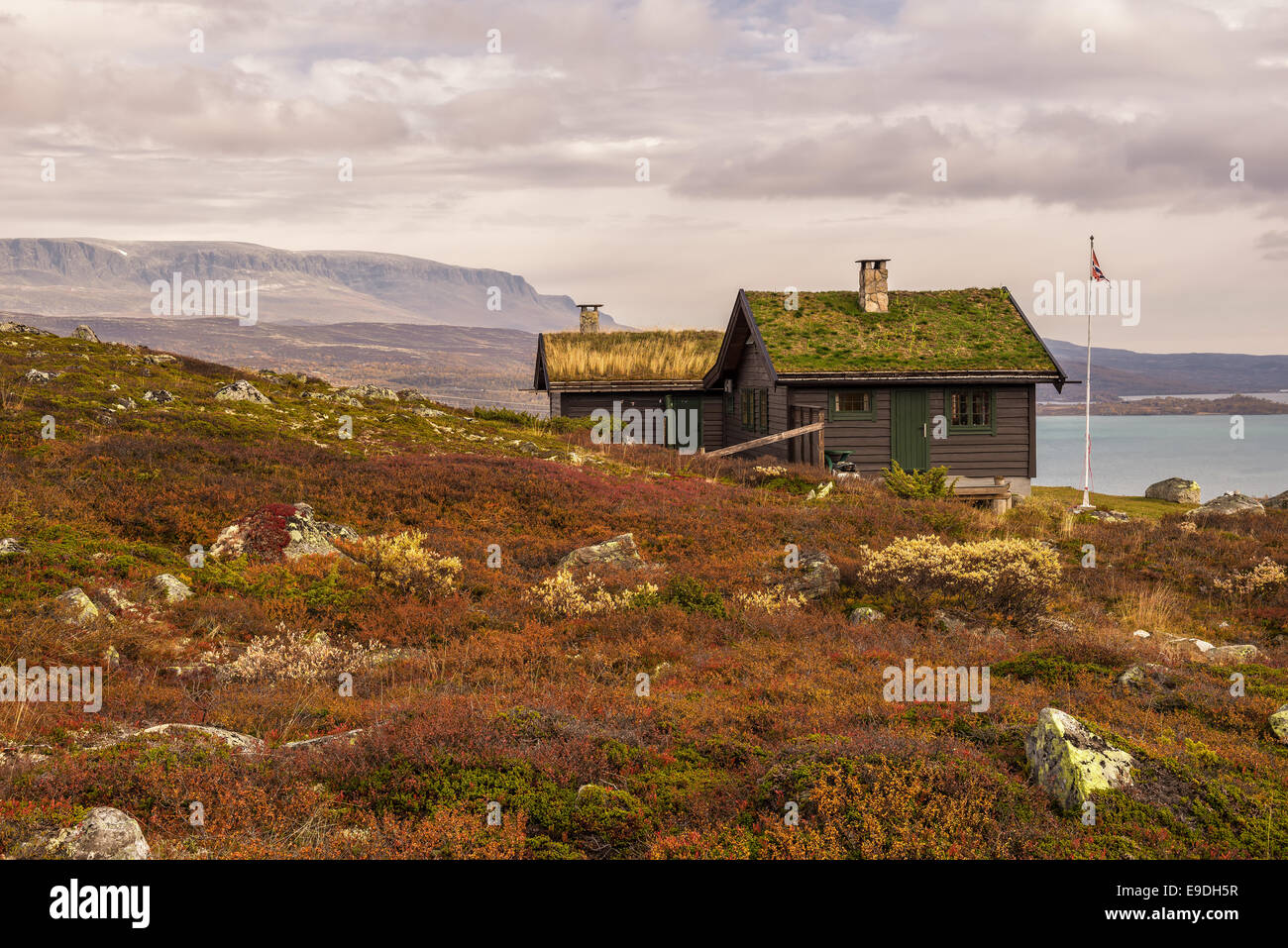 Cabin with turf roof near Hardangervidda National Park with Sloddfjorden lake in the background, Buskerud county, Norway Stock Photo