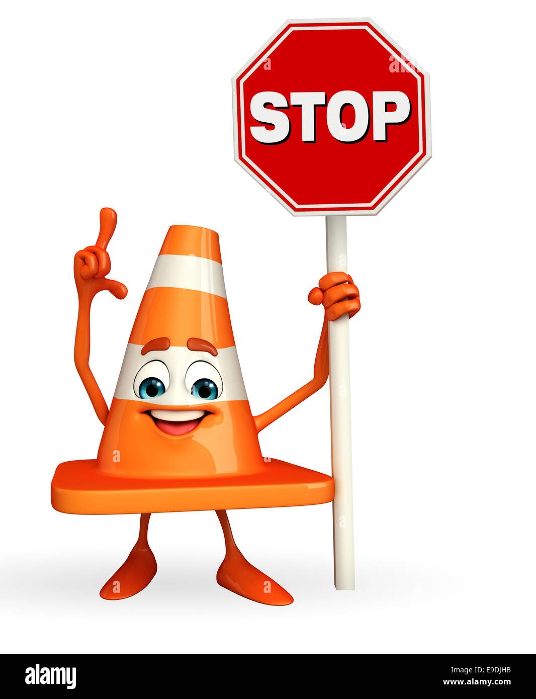 Cartoon Character Of Construction Cone With Stop Sign Stock Photo