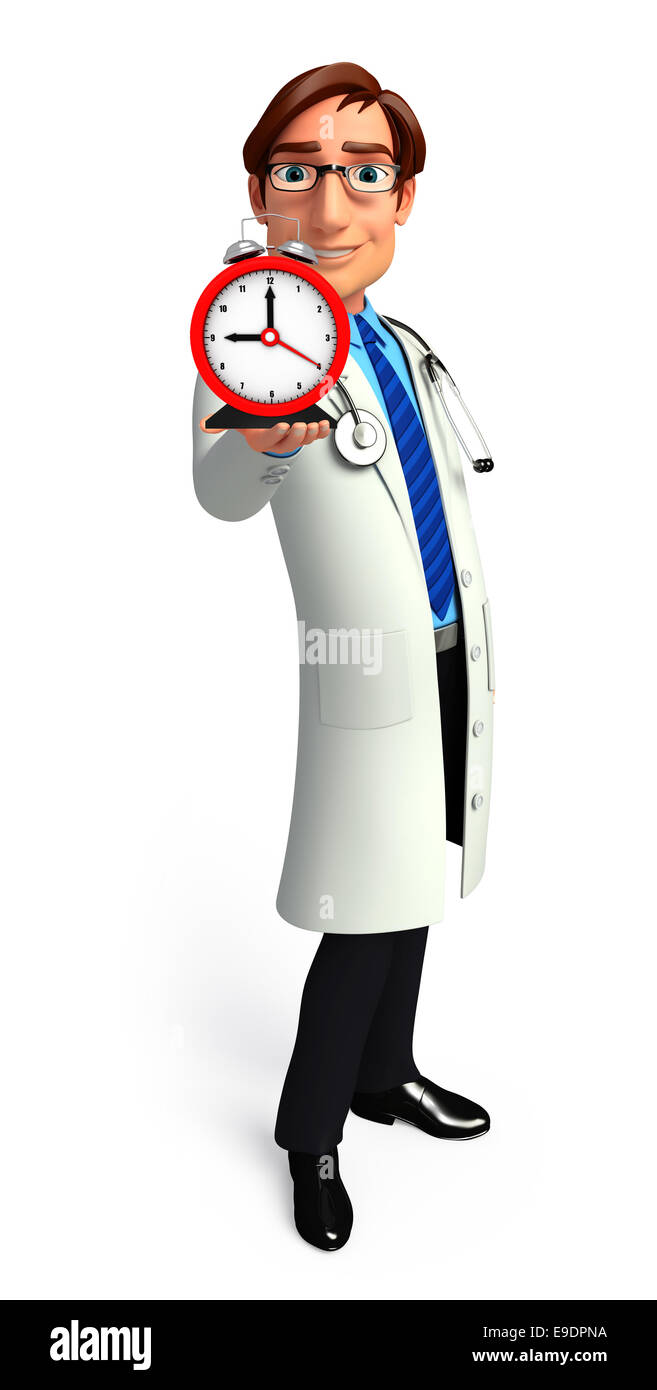 Illustration of young doctor with table clock Stock Photo - Alamy