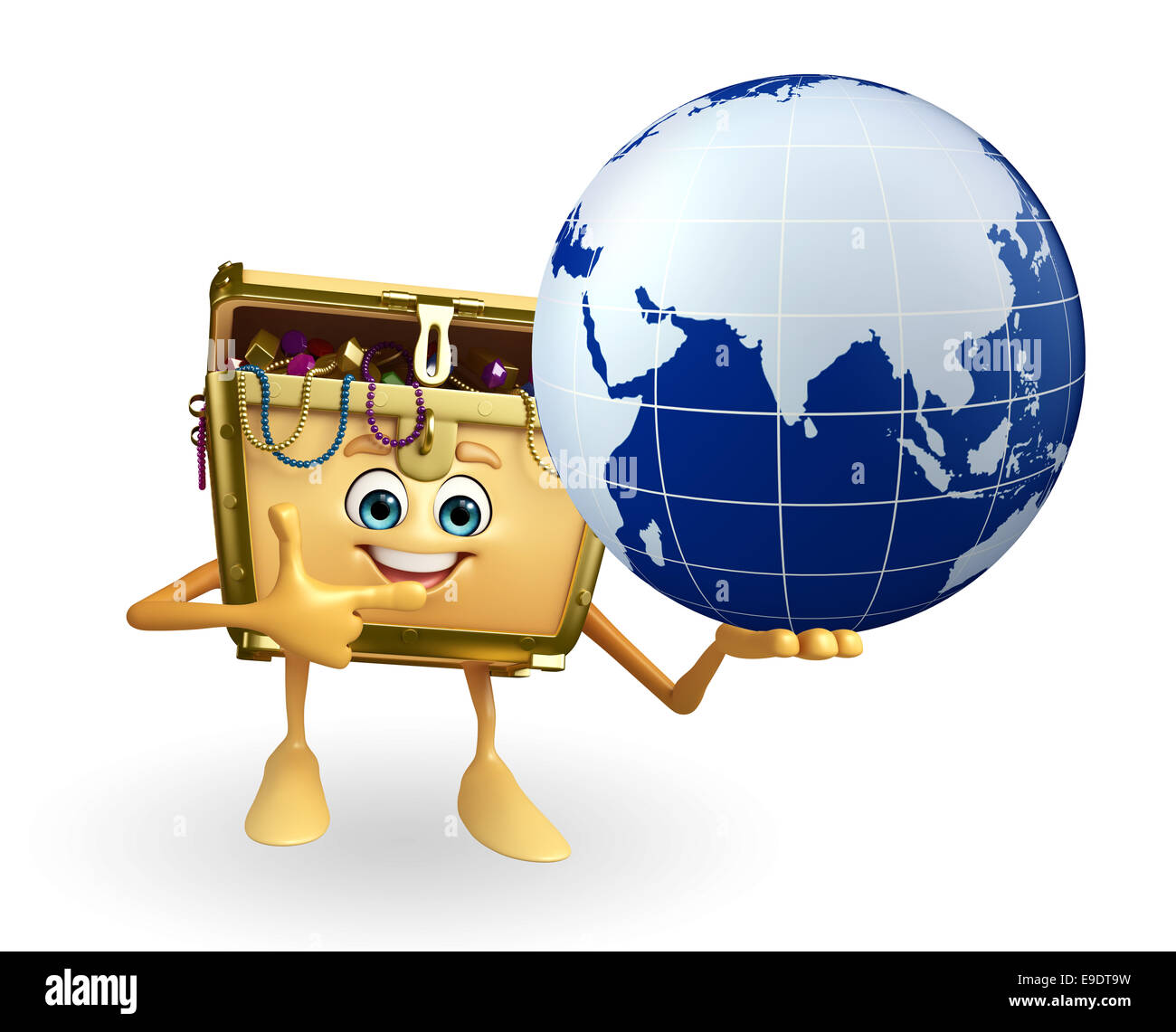 Cartoon Character of Treasure box with globe Stock Photo