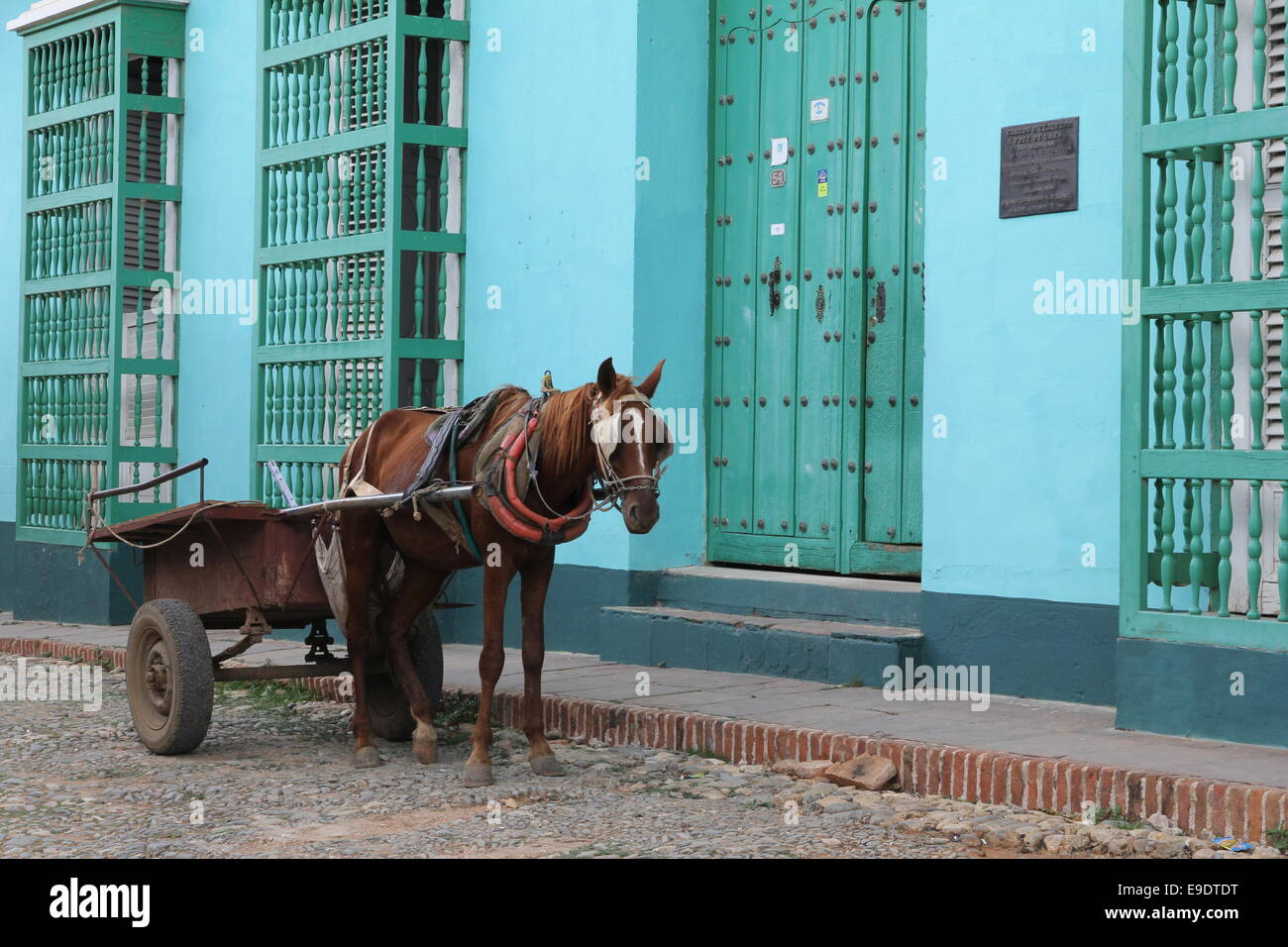 Horse and Cart outside turquoise building Trinidad Cuba Stock Photo