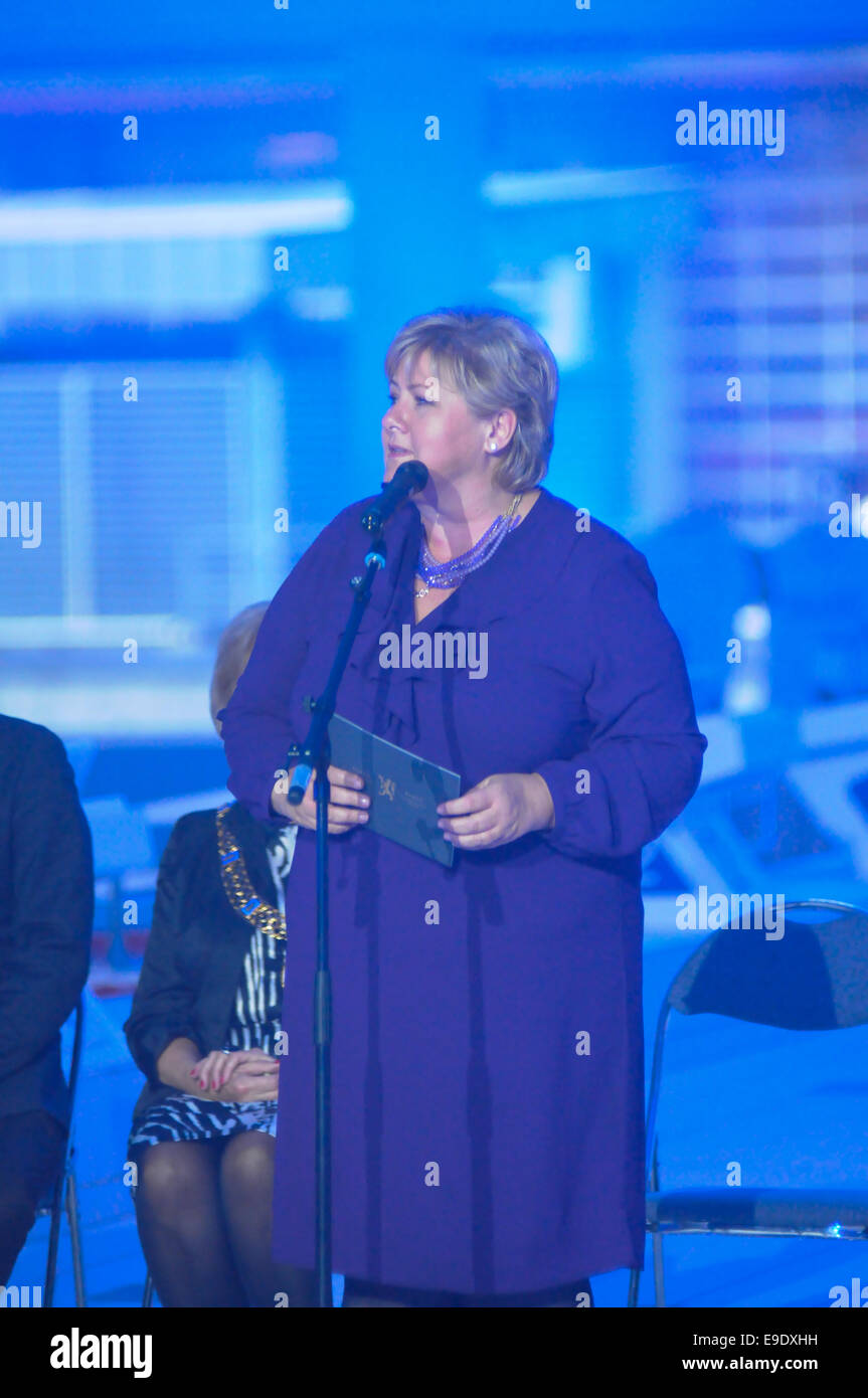 Norway's prime minister Erna Solberg at the official opening of the new 50m swimming pool AdO Arena in Bergen. Stock Photo