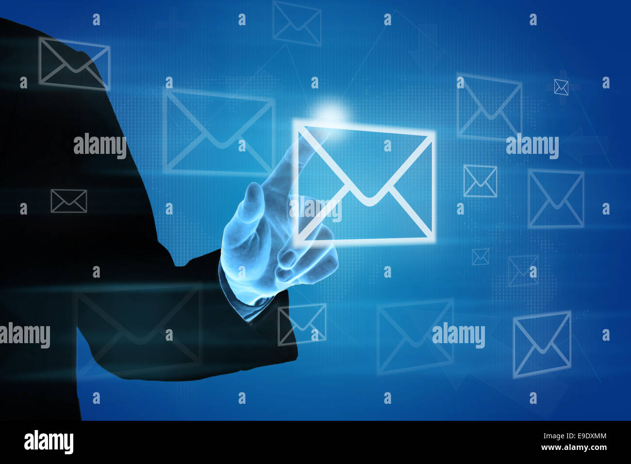 hand pushing e-mail icon on screen, business concept Stock Photo