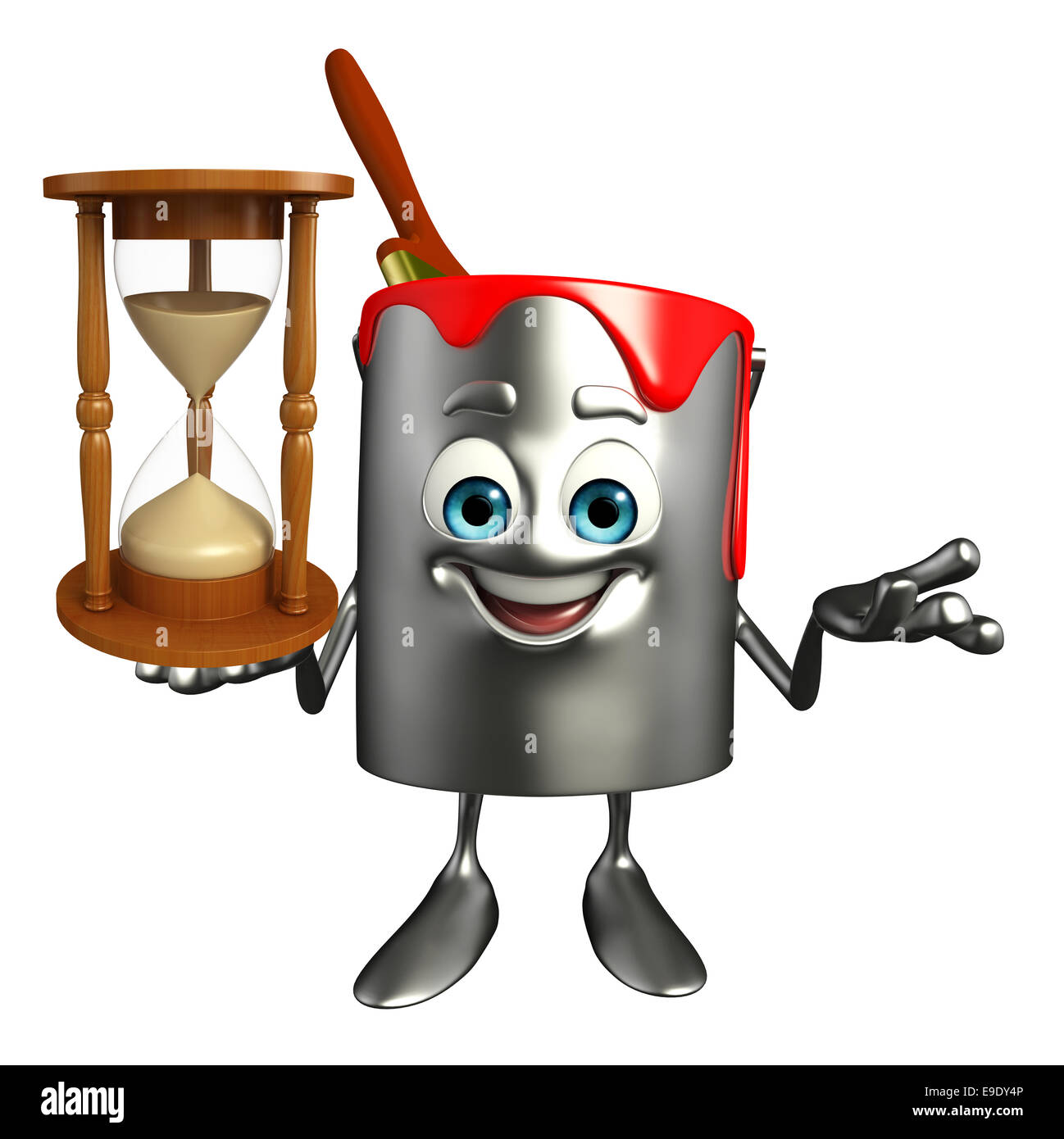 Cartoon Character of paint bucket with sand clock Stock Photo