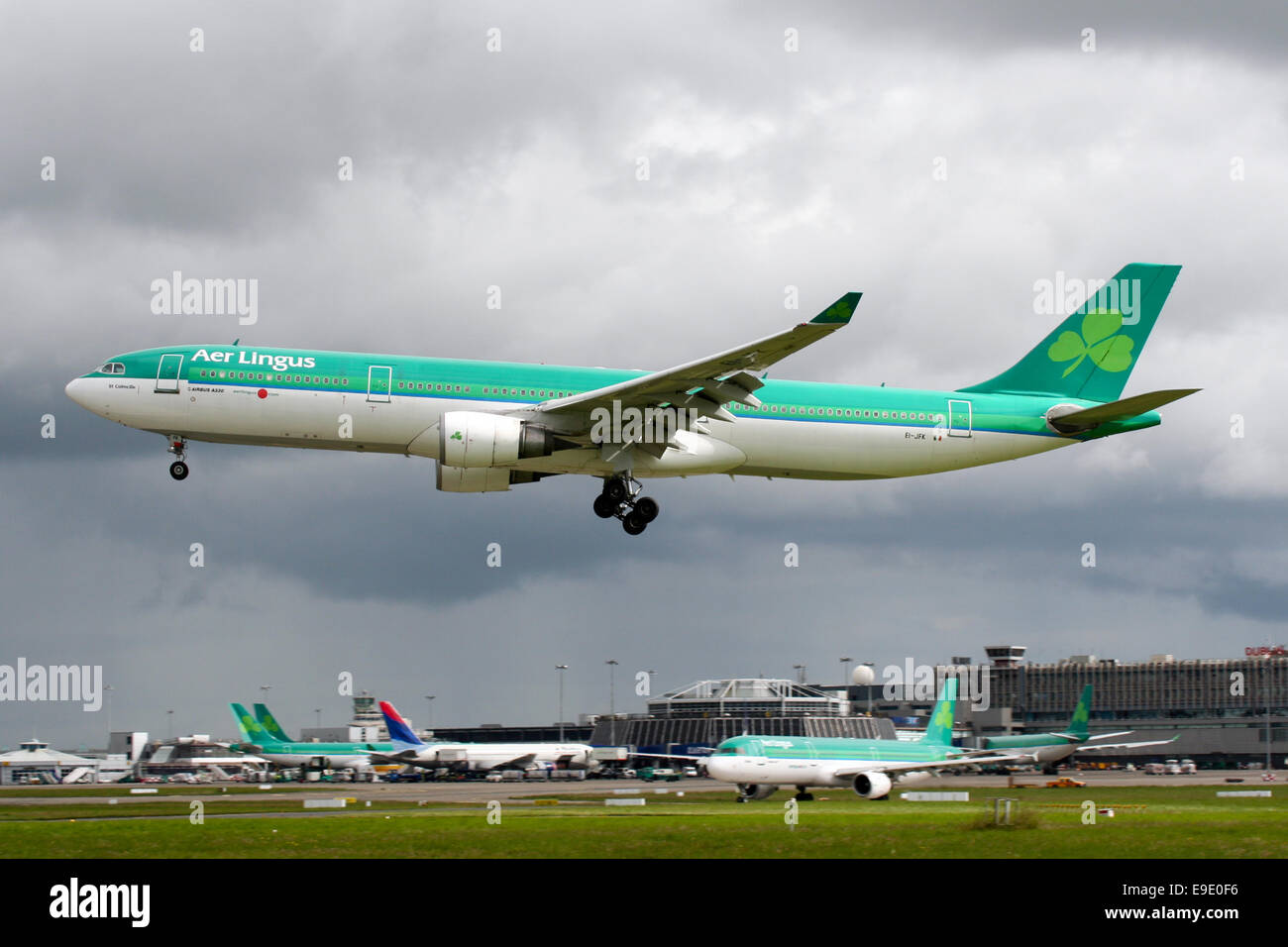 Aer Lingus Airbus A330-300 approaches runway 28 at Dublin airport. Stock Photo