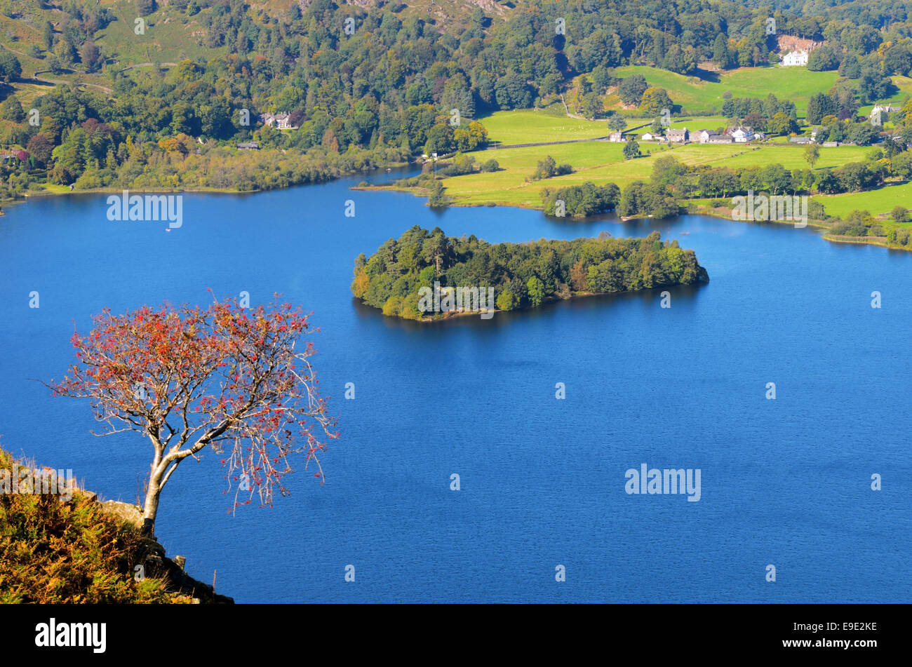 Grasmere Lake and Island from Ewe Crag in Lake District National Park