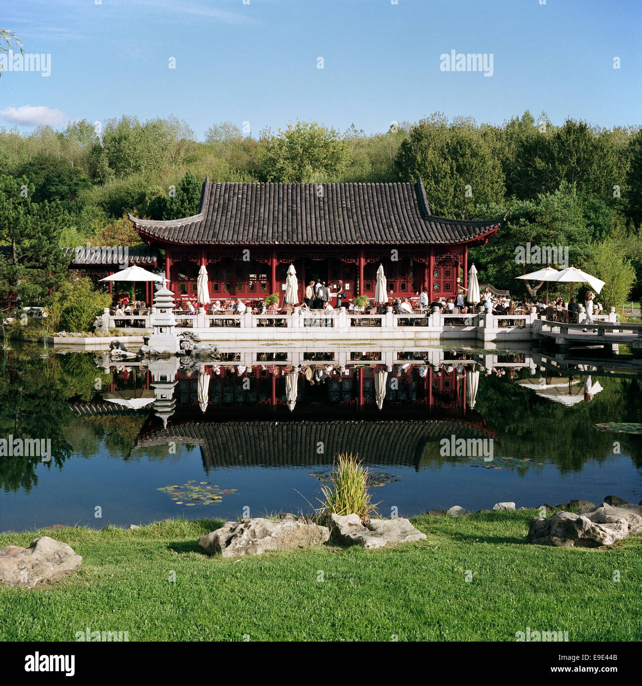 Berlin. Germany. Chinese Pavilion and Tea Room at the Gardens of the World (Garten der Welt) Recreation Park in Marzahn. Stock Photo