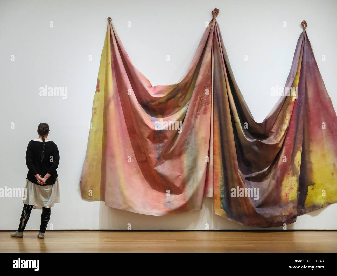 Female Visitor Viewing Large 'Fiber Arts Now 'Installation, Museum of Modern Art, NYC Stock Photo