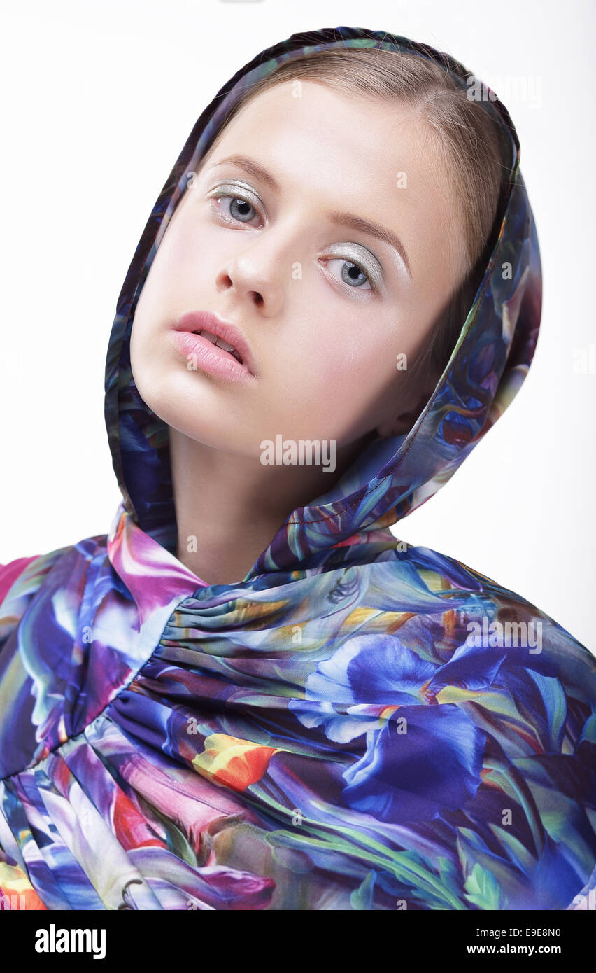 Urban Fashion. Portrait of Teenager Girl in Blue Hood Stock Photo