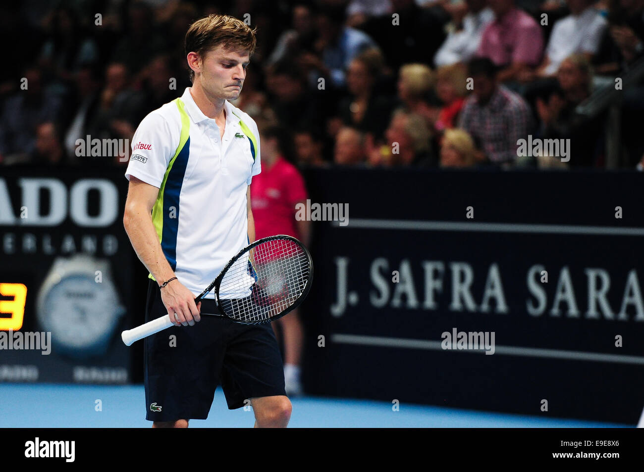 Basel, Switzerland. 26 October, 2014. David Goffin (BEL) disappointed during the final of the Swiss Indoors  at St. Jakobshalle. Photo: Miroslav Dakov/ Alamy Live News Stock Photo
