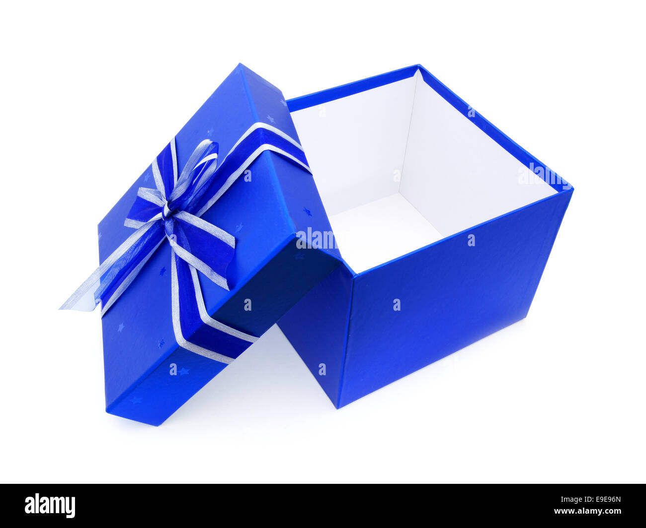 Opened blue gift box with lid and ribbon over white Stock Photo Alamy