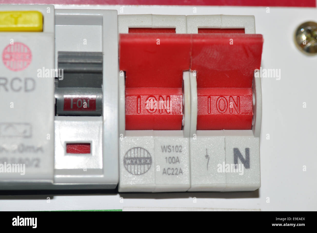 circuit breaker switches in a fusebox - Stock Image