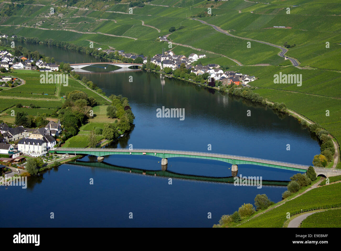 Panoramic view Moselle River with two bridges and Piesport village Germany Stock Photo