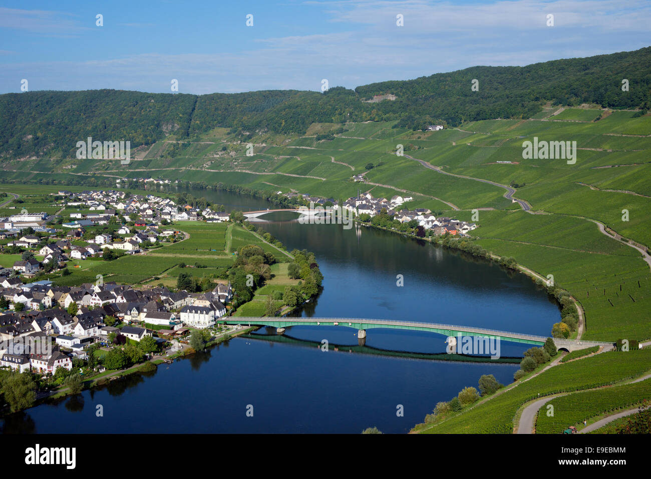 Panoramic view Niederemmel and Piesport villages Moselle River Germany Stock Photo