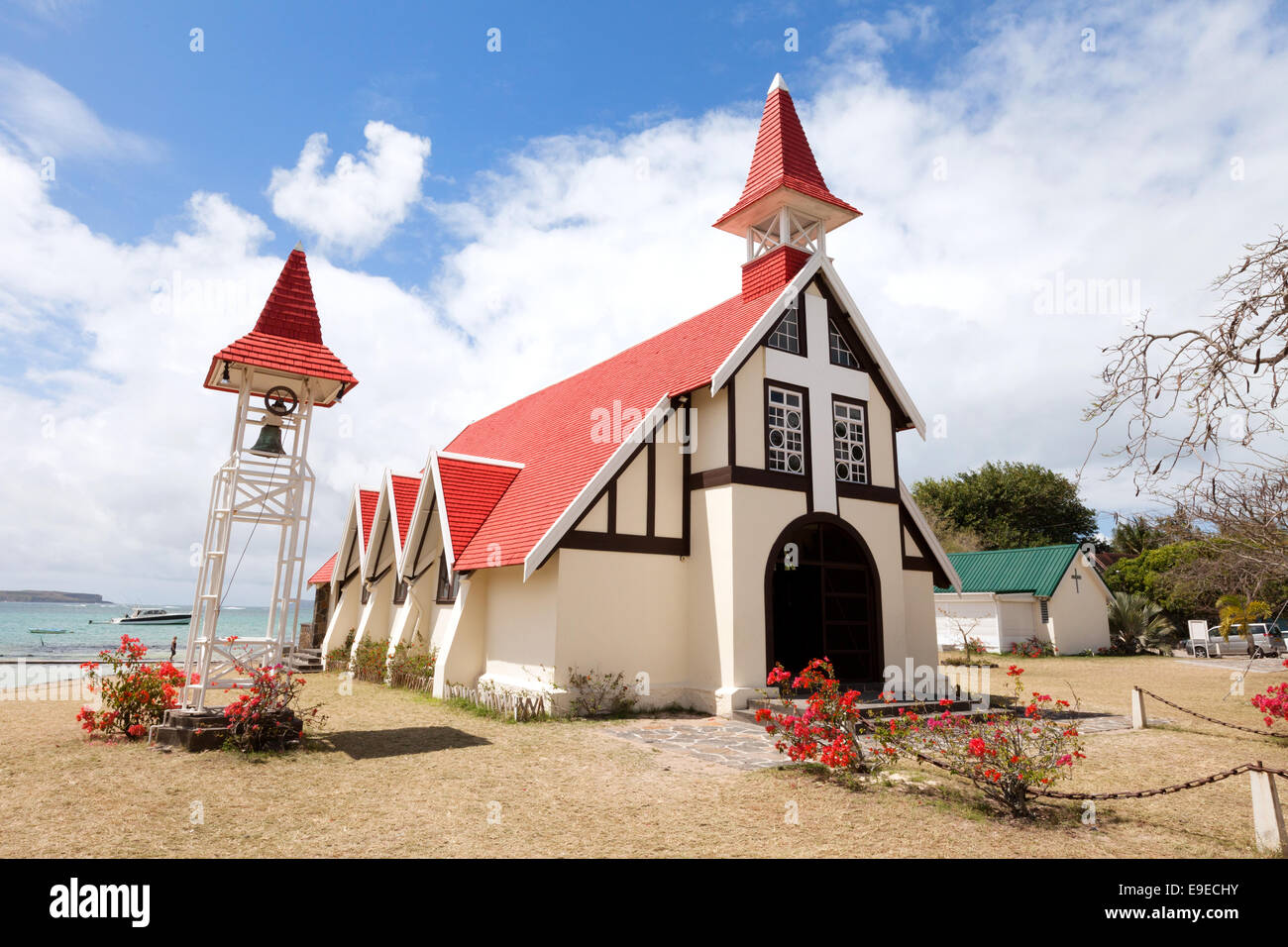 The red roofed church at Cap Malheureux, north coast, Mauritius Stock Photo
