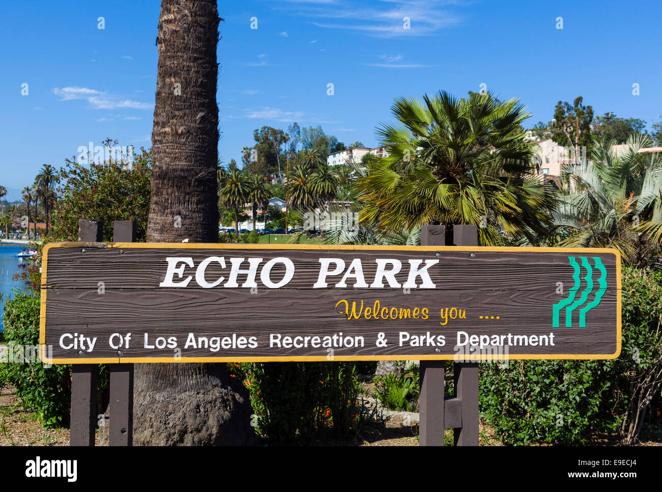 Sign at the entrance to Echo Park, Los Angeles, California, USA Stock Photo