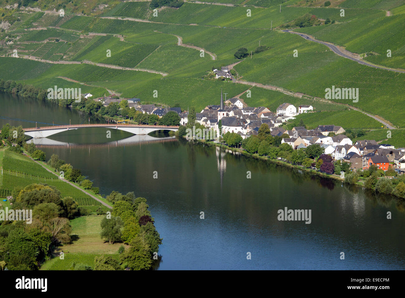 Aerial view Piesport village on Moselle River Germany Stock Photo