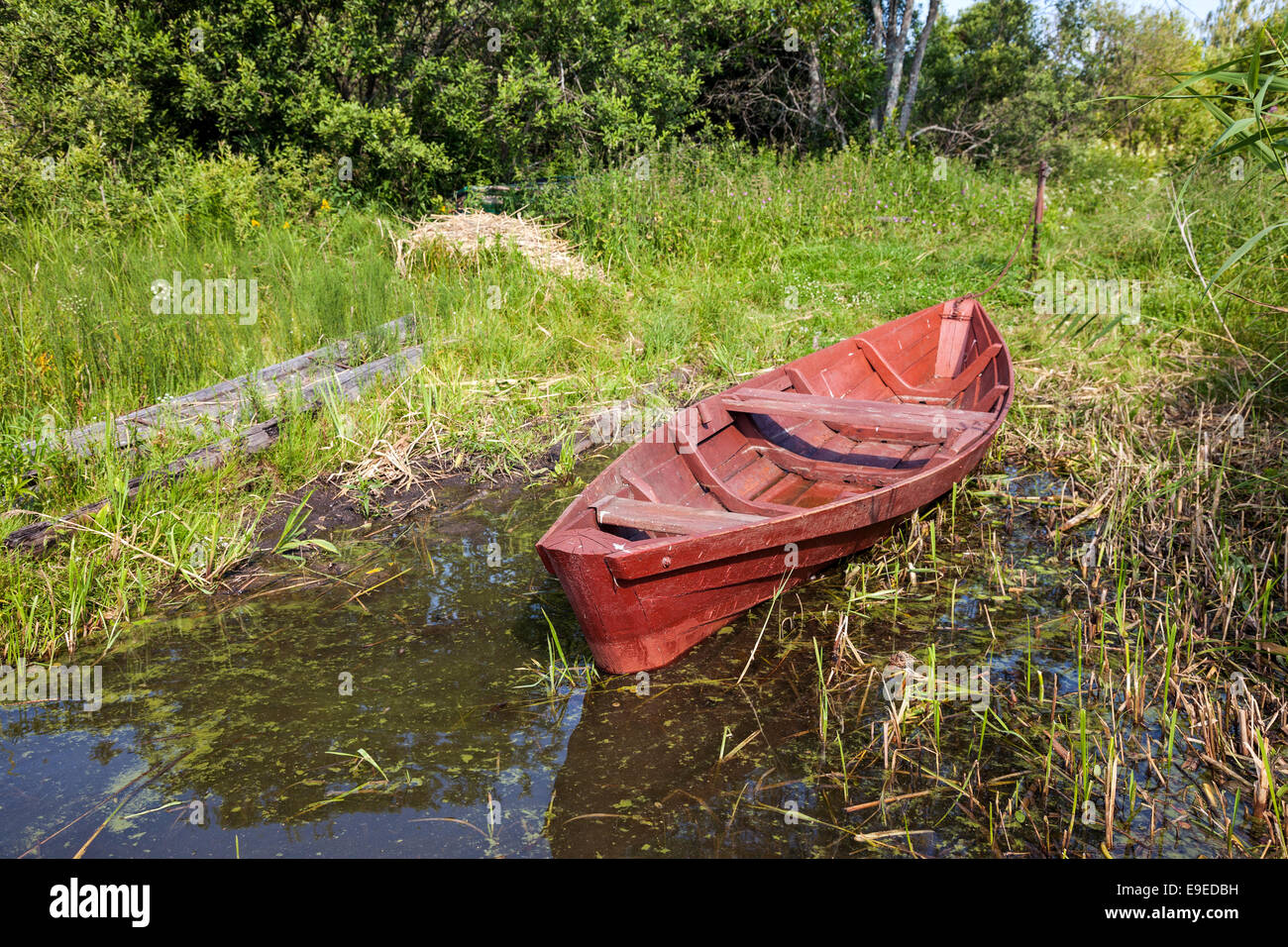 Old fishing wooden boat at the bank of lake in summer day Stock Photo ...