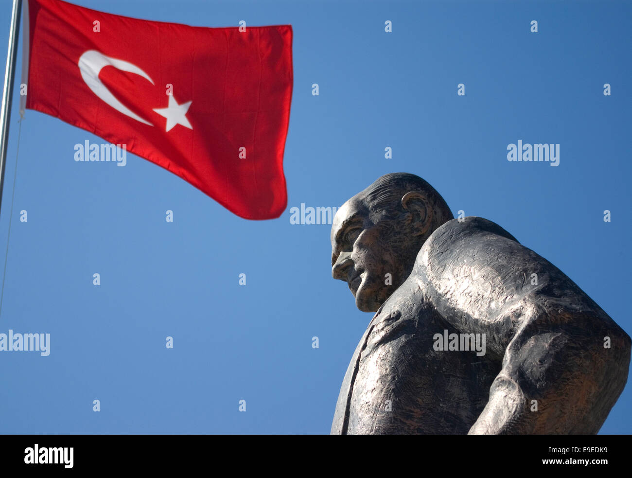 Statue of Mestafa Kemal Ataturk, the Father of Turkey and the Turkish flag Stock Photo