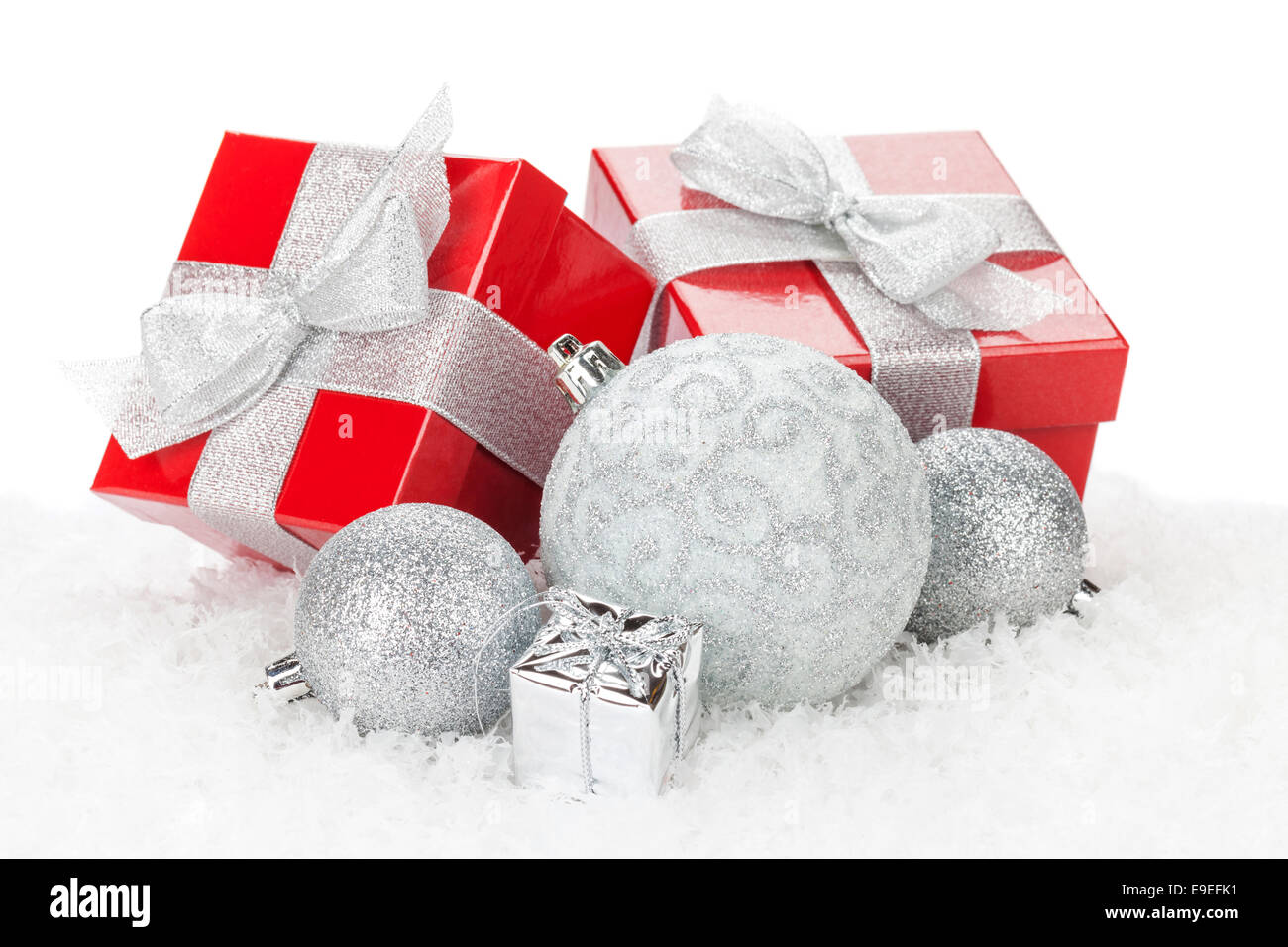 Christmas baubles and red gift boxes. Isolated on white background ...