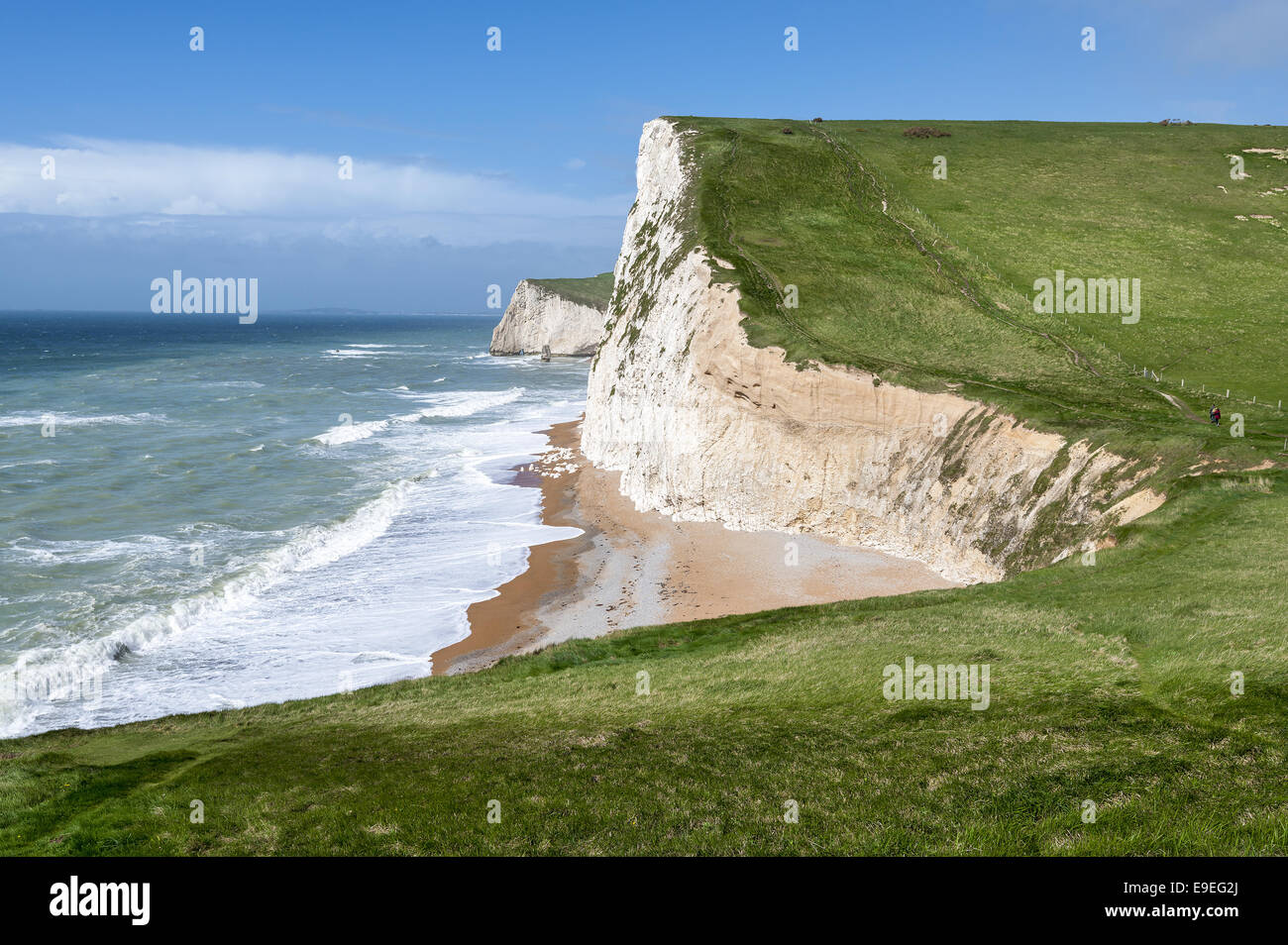 View across the chalk cliffs of the South West Coastal Path between