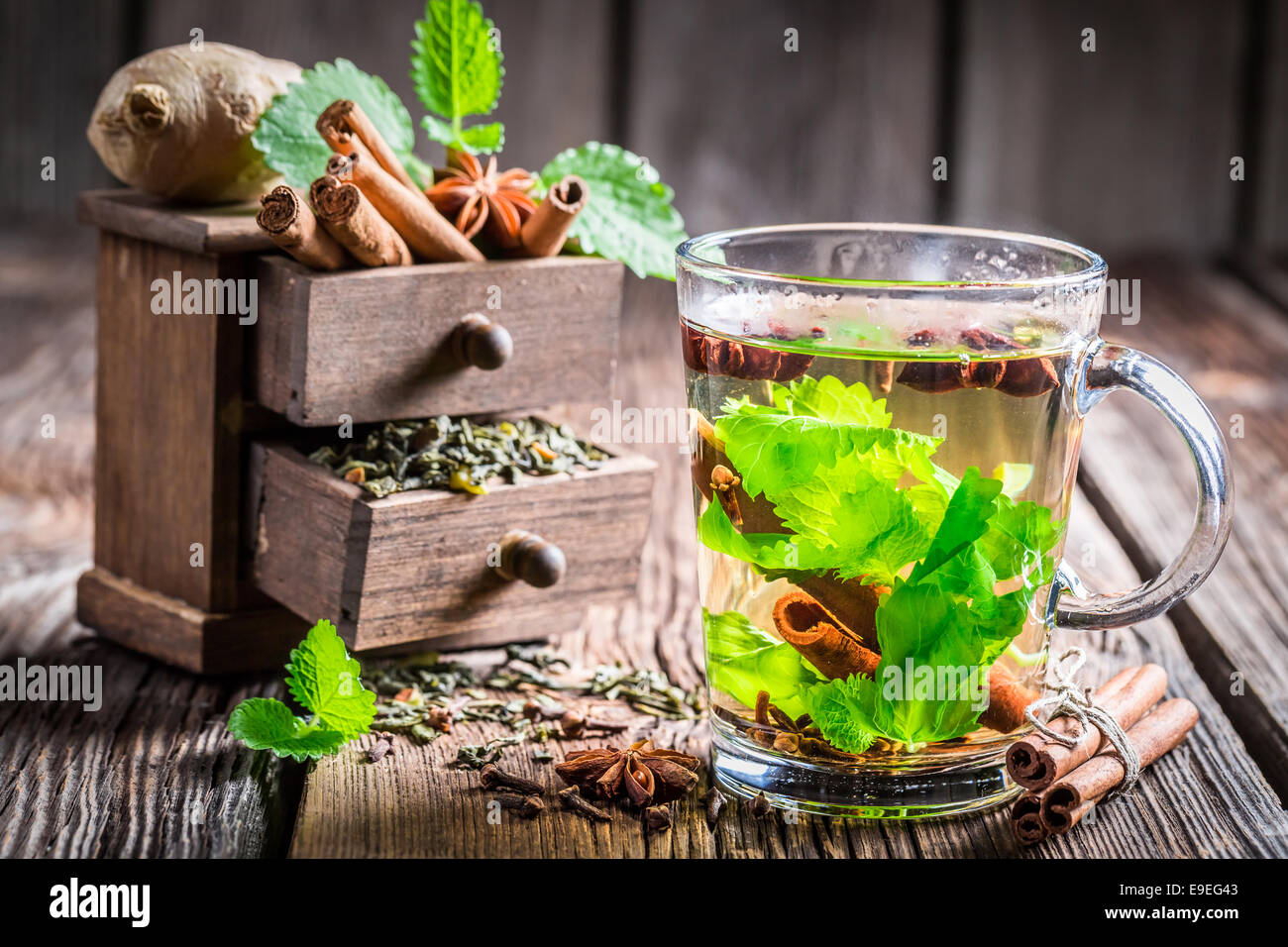 Green tea with cinnamon bark Stock Photo Alamy