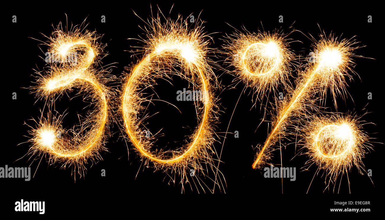 Sparkling inscription of 30% on a black background Stock Photo - Alamy