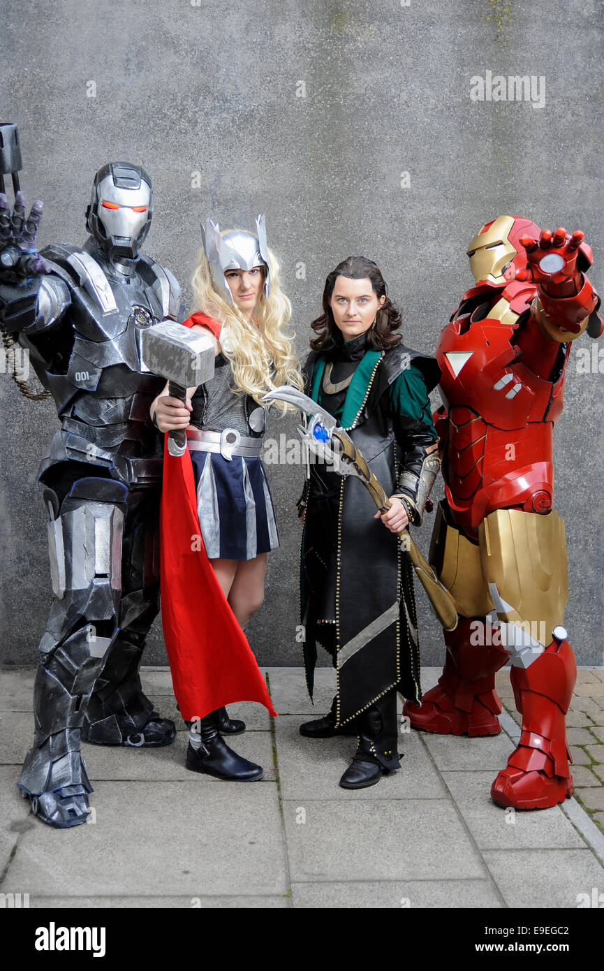 David Santiago (L) as Ares, God of War, and Garrett Gird, as Thor, wait  with others to be judged for the costume contest at the 11th annual Comic  Con in Baltimore on