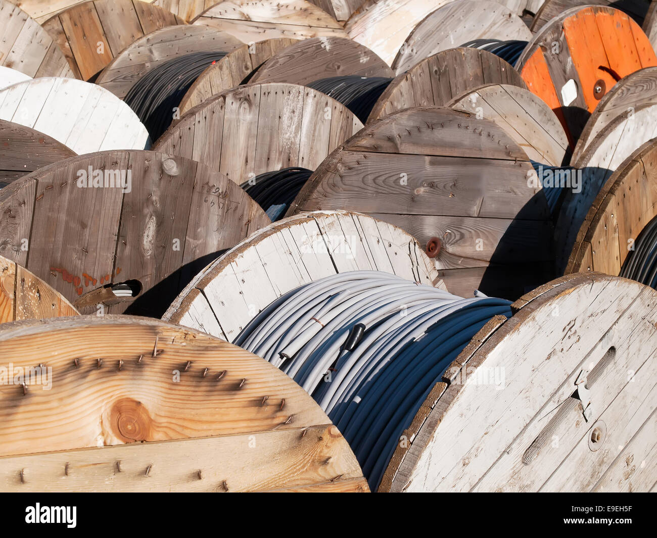 power line cables on wooden spools Stock Photo