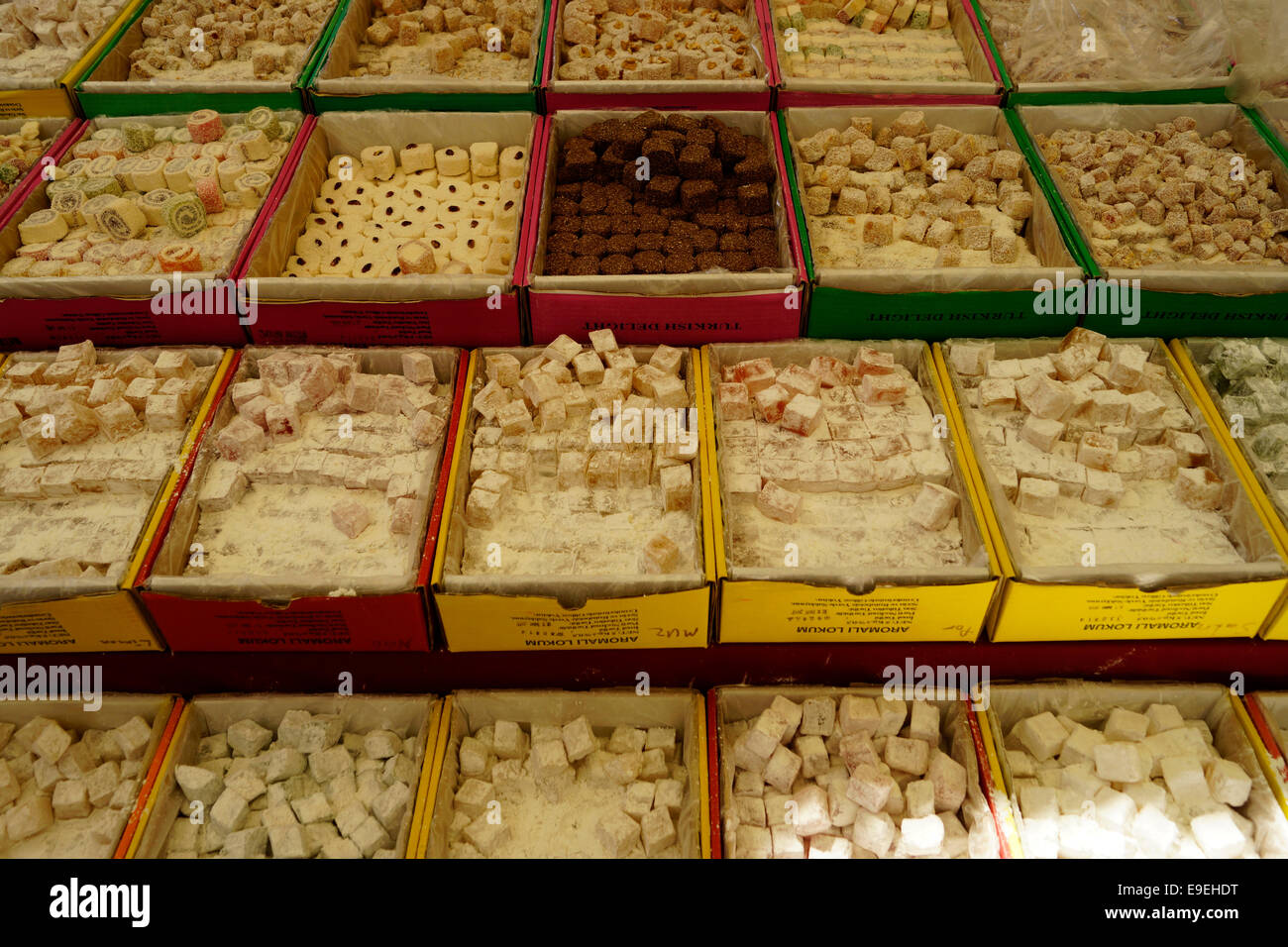 Home made sweets at Didim Market in Turkey including Turkish Delight