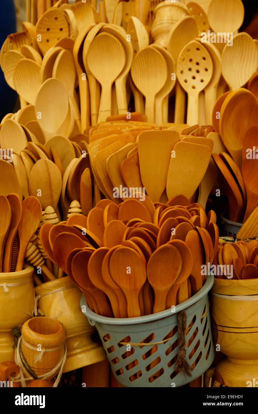 On Sale at the Market Wooden Utensils of all types Stock Photo Alamy