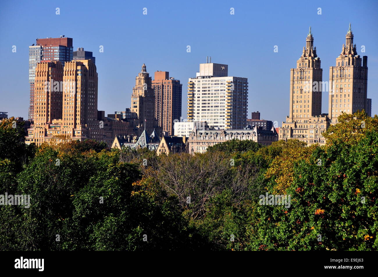 NYC:  Left to right - the Majestic, Dakota, Mayfair Towers, and San Remo luxury apartment towers overlooking Central Park  * Stock Photo