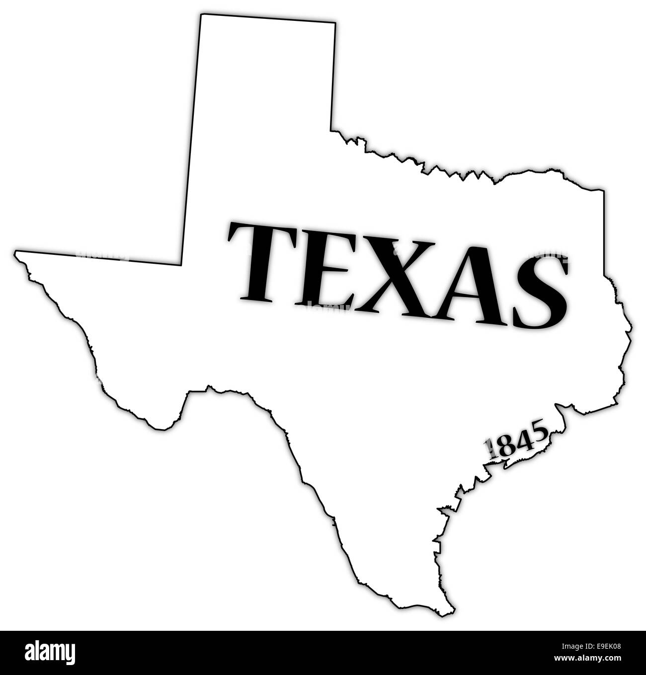 A Texas state outline with the date of statehood isolated on a white background Stock Photo