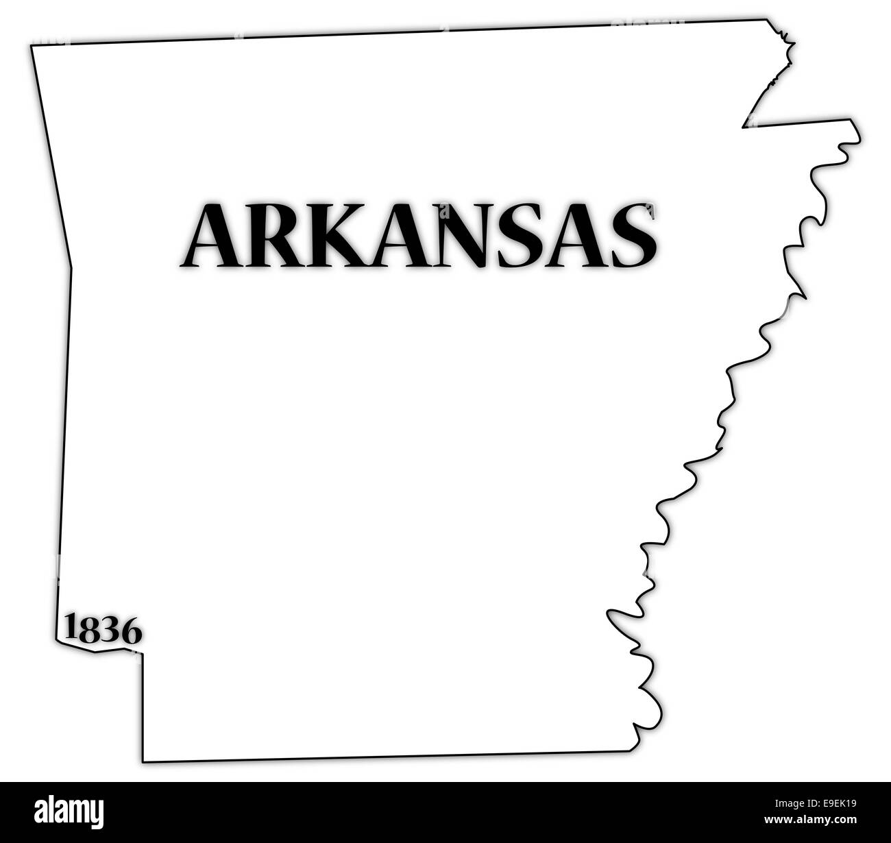 An Arkansas state outline with the date of statehood isolated on a white background Stock Photo