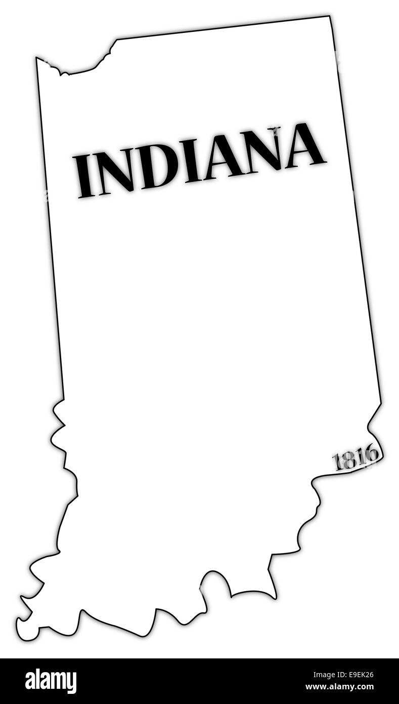 An Indiana state outline with the date of statehood isolated on a white
