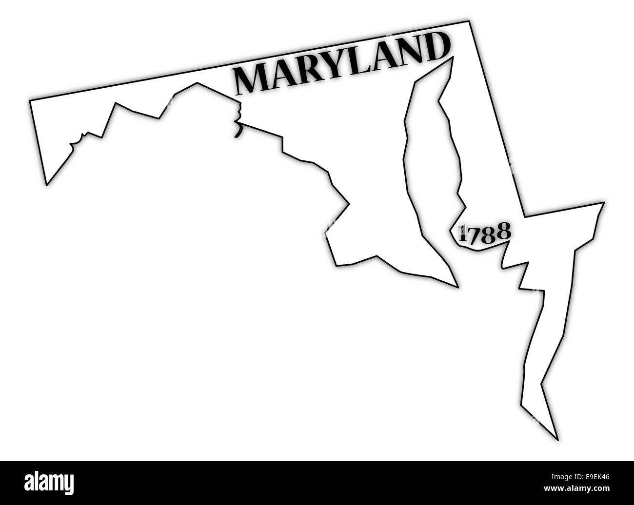 A Maryland state outline with the date of statehood isolated on a white